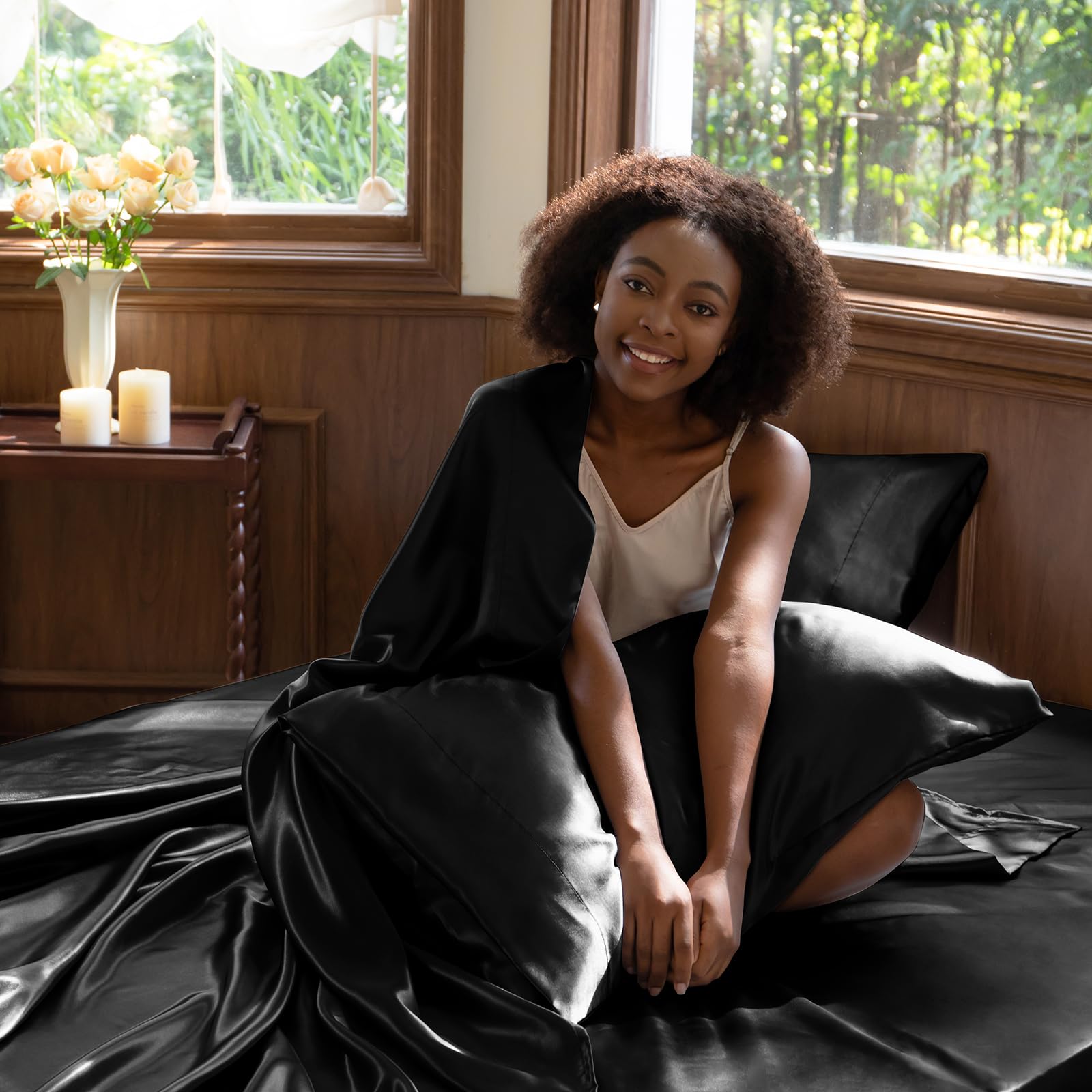 CozyLux satin sheets two pillowcases display soft edge finish.