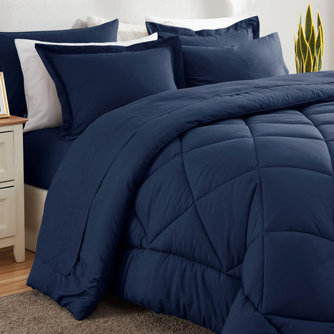 CozyLux sheets neatly tucked on navy bed for a crisp finish.