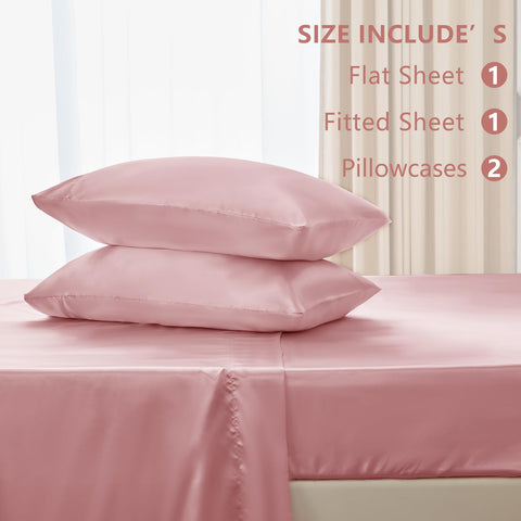 Warm-lit scene with CozyLux dirty pink satin sheets for all-season coziness