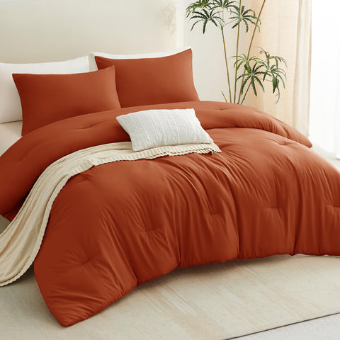 CozyLux Terracotta queen bedroom ambience demonstrating a complete bedding upgrade.