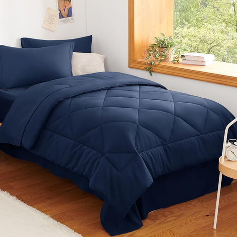 CozyLux twin comforter set navy blue main image highlighting breathable microfiber and down-alternative fill