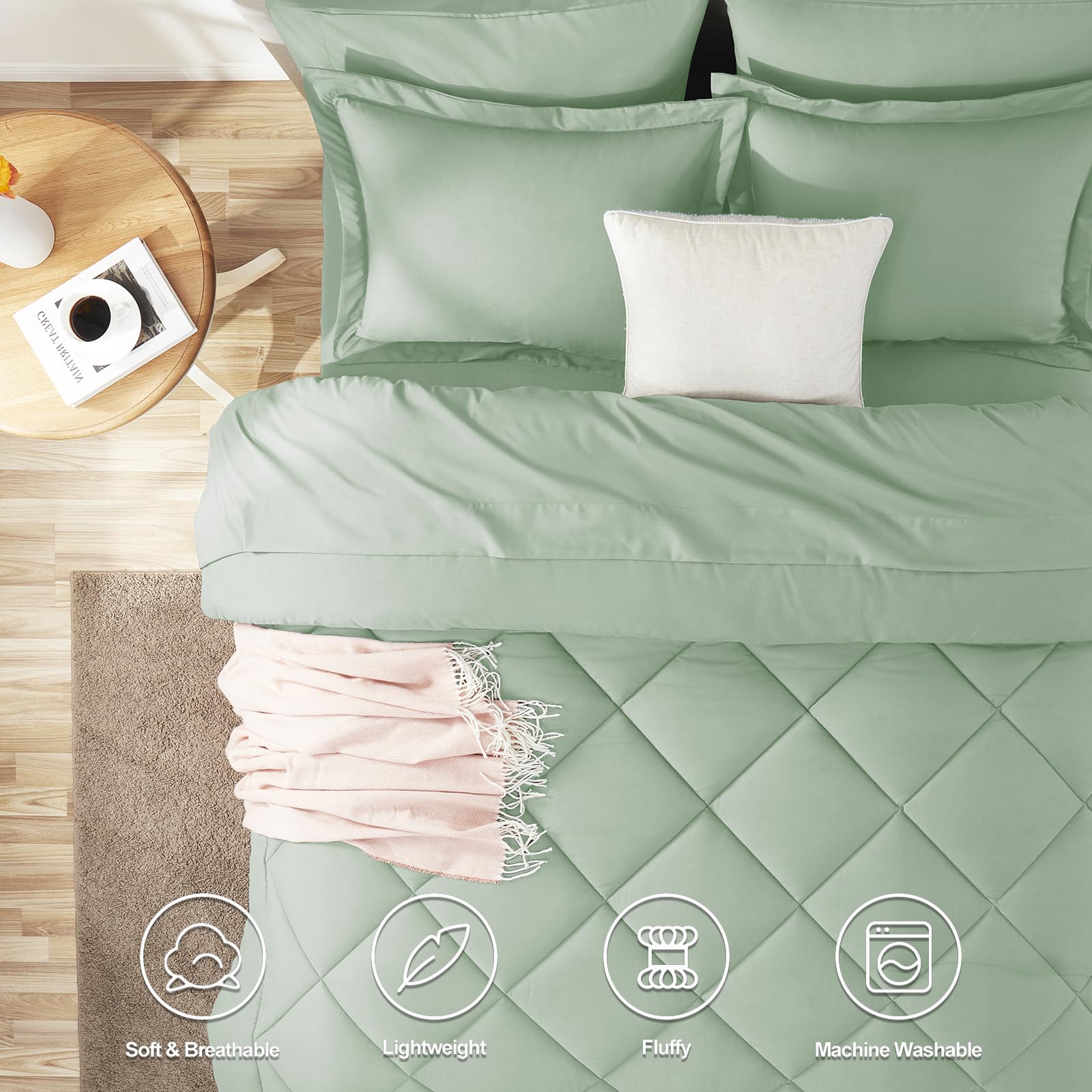 CozyLux twin comforter close-up emphasizes soft microfiber and sage color