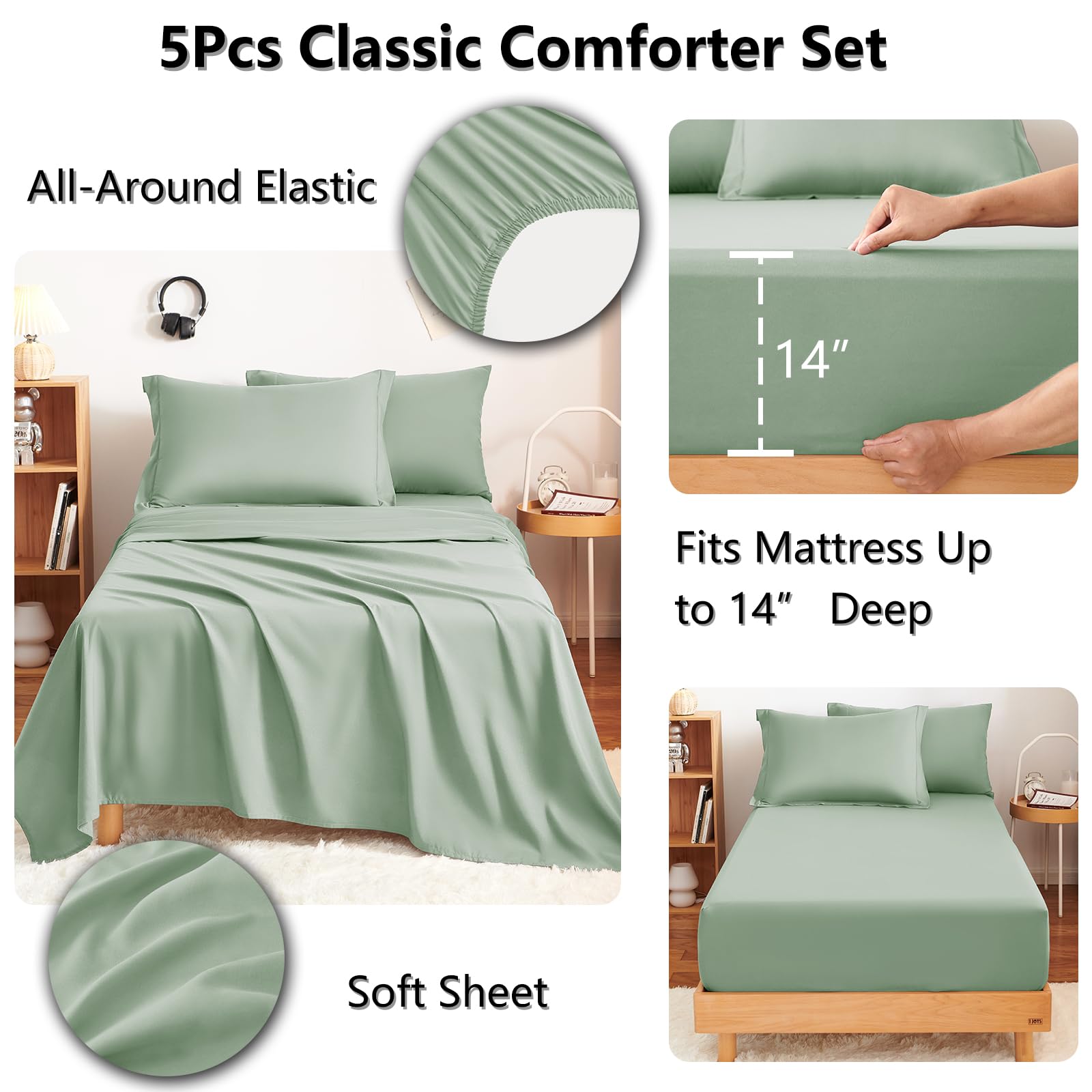 CozyLux flat sheet in sage green complements the set for a cohesive look