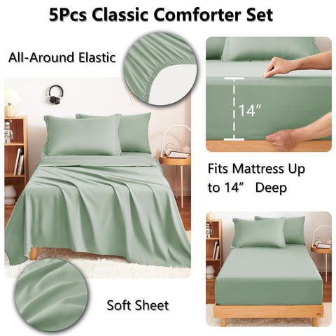 CozyLux flat sheet in sage green complements the set for a cohesive look