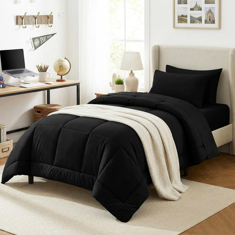 CozyLux Twin XL Comforter Black image highlights all-season warmth for dorm nights.