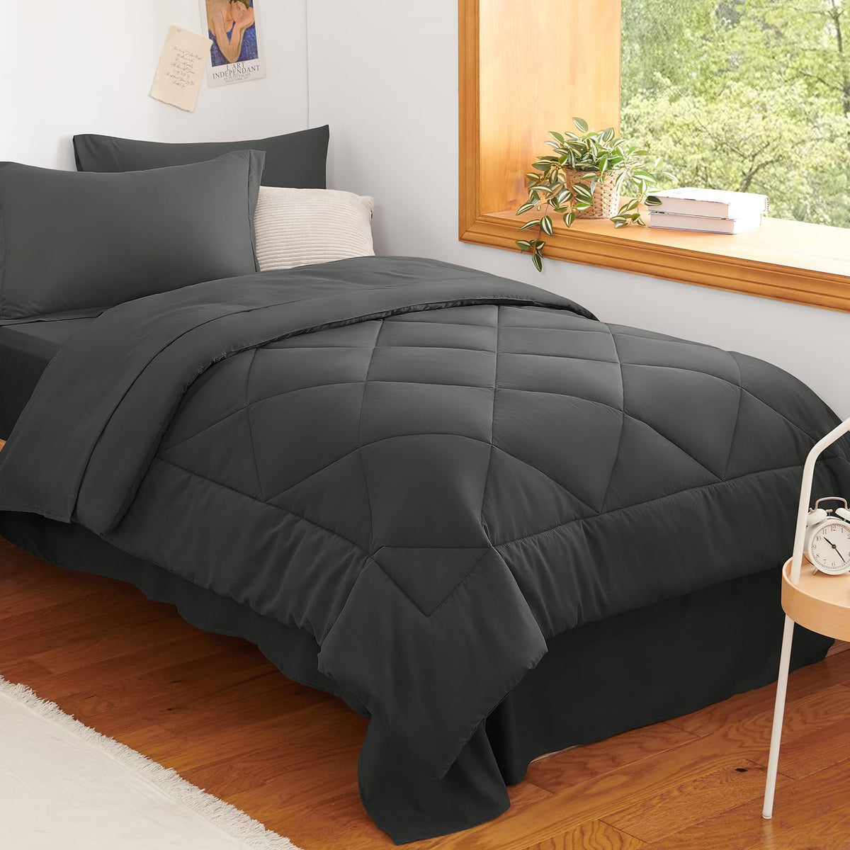 Cozylux Twin XL Comforter Set Dark Grey packaging showing complete dorm bed-in-a-bag