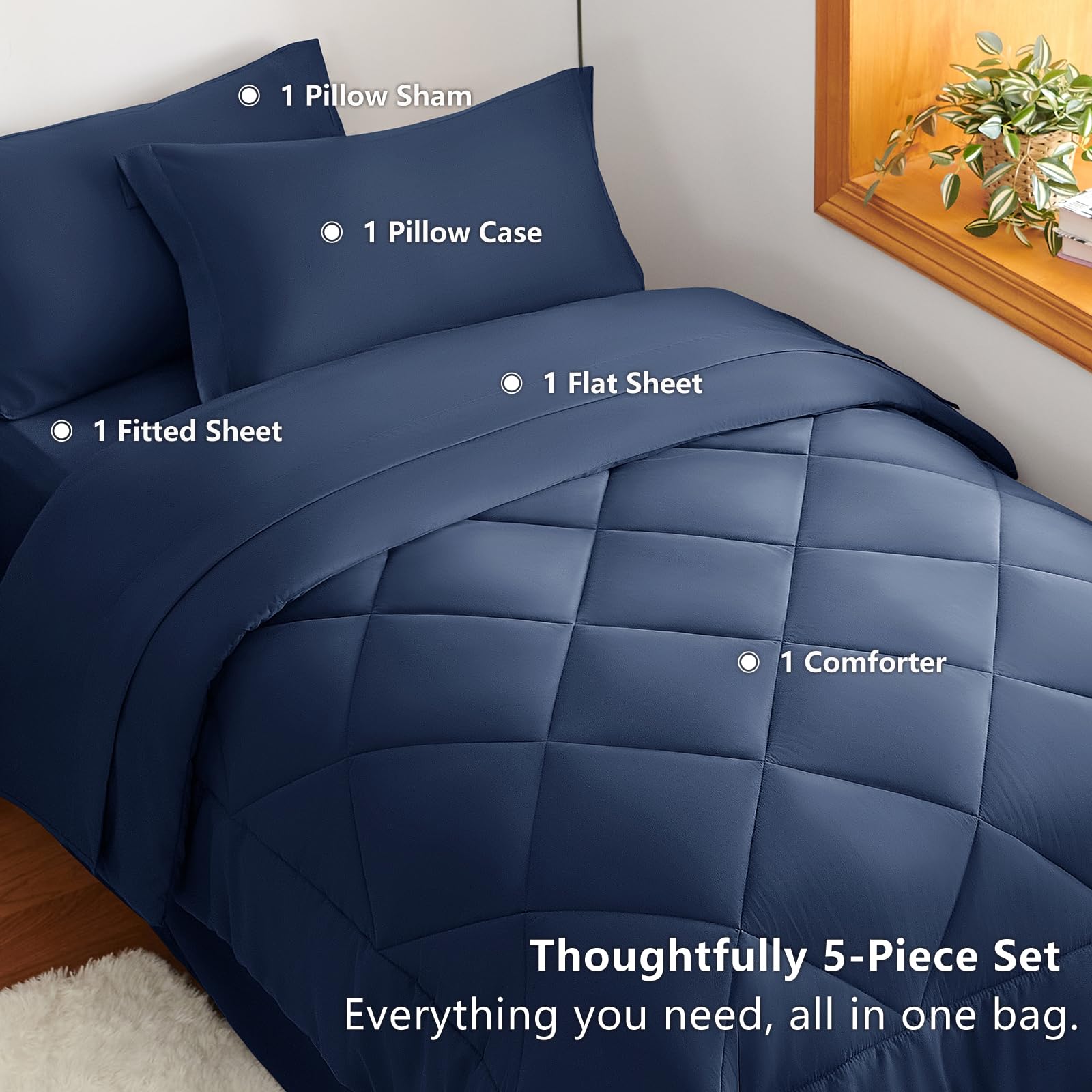 CozyLux navy fitted sheet showing 14 inch depth compatibility.
