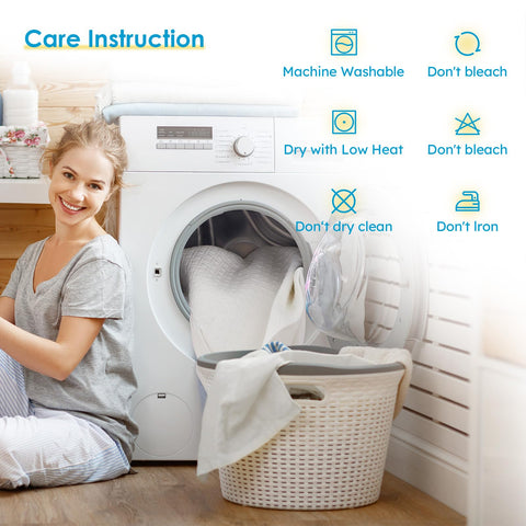 Care instructions show machine washable durability and simple maintenance