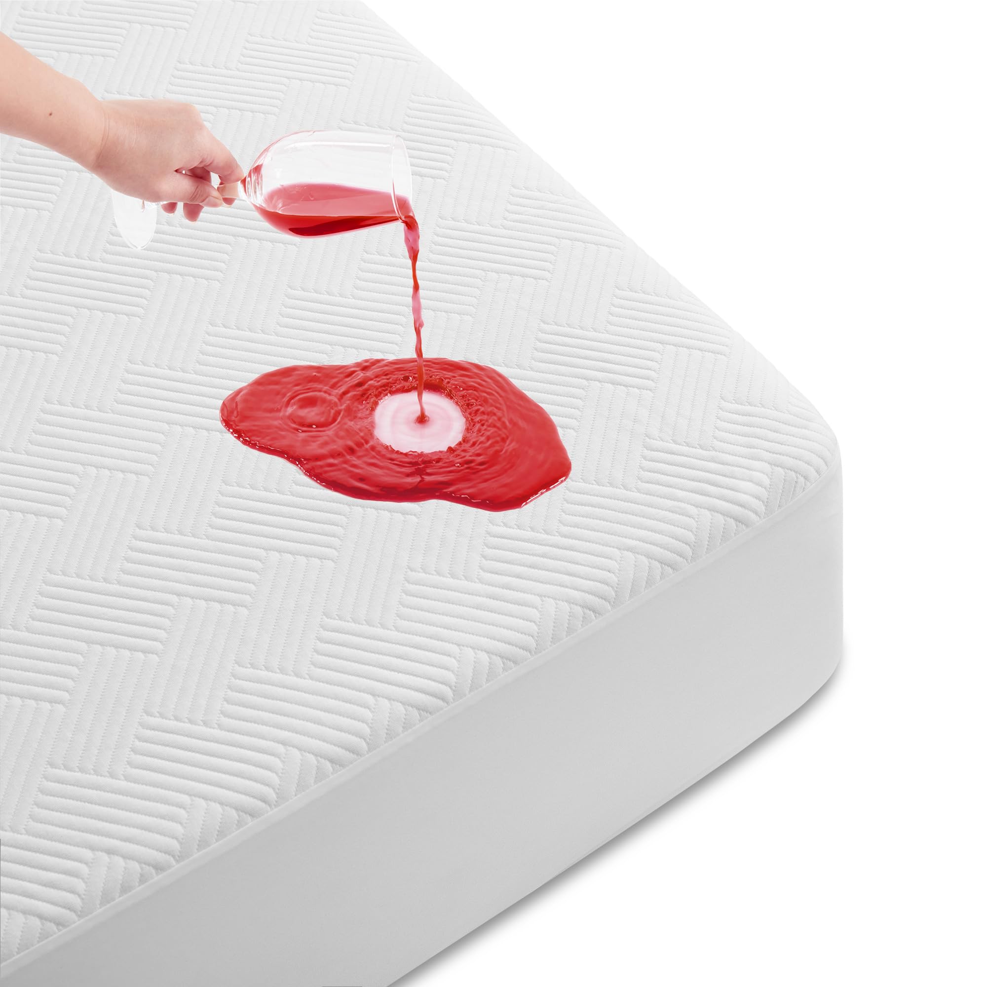 Cozymaker queen-size waterproof mattress protector shielding a bed from spills and stains