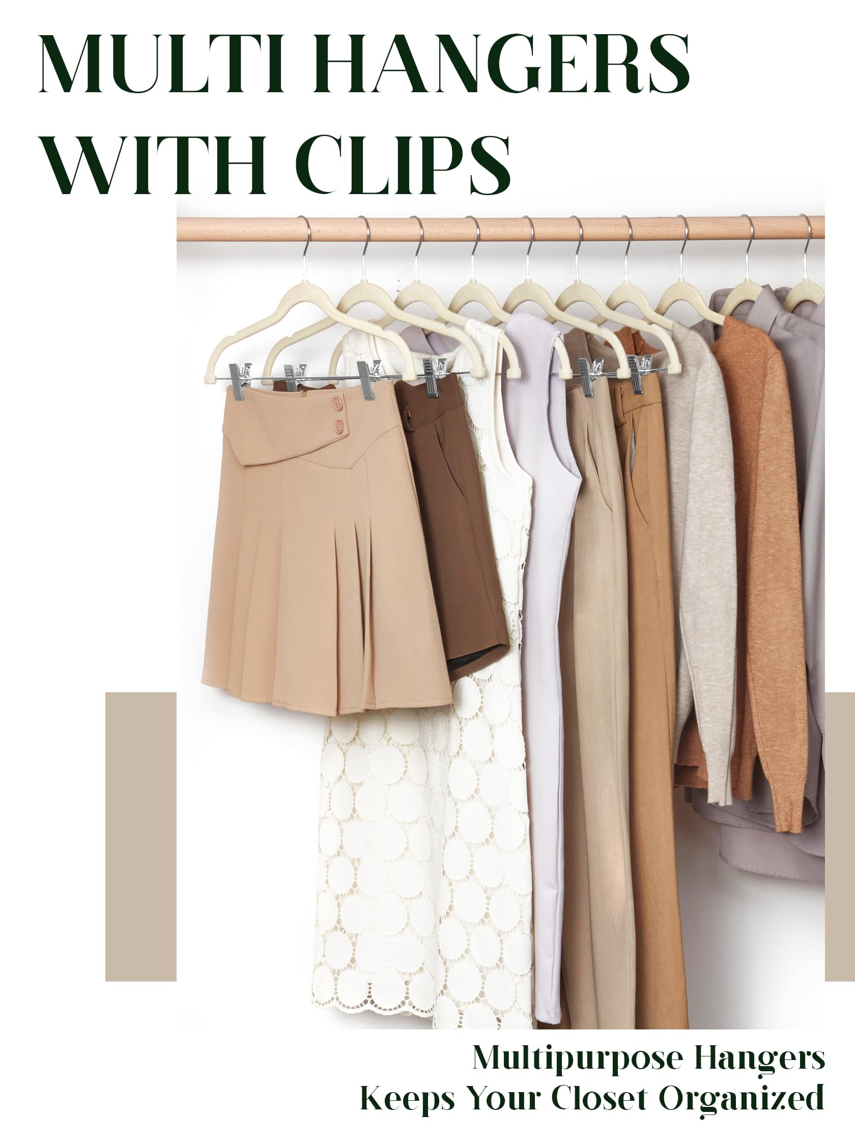 Cozymood velvet hangers with clips securely grip skirts and pants.