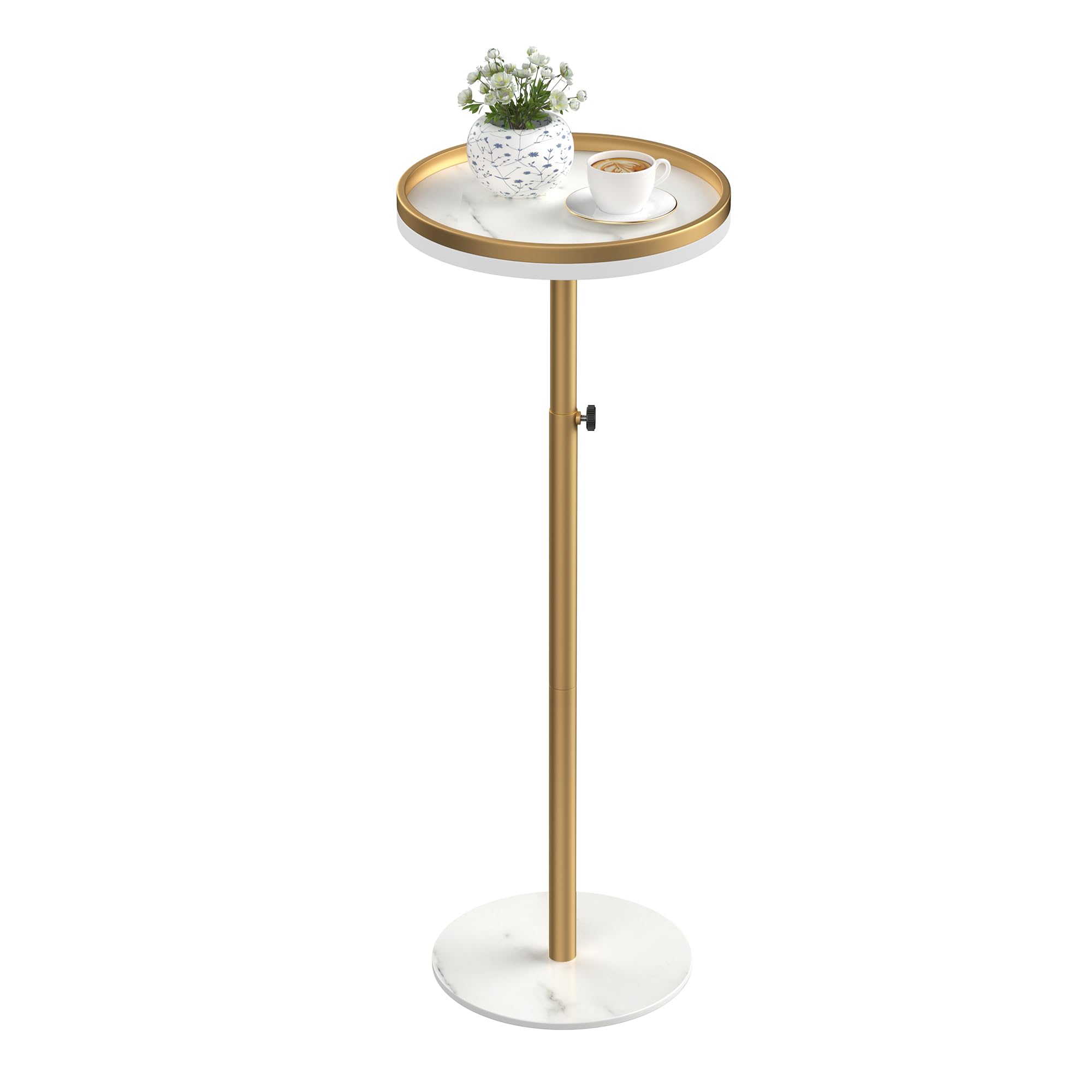 Cozynest height-adjustable drink table in gold beside sofa for easy use