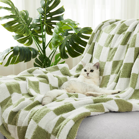 Cozzenity checkered throw blanket sage green detailed two-color stitching close-up