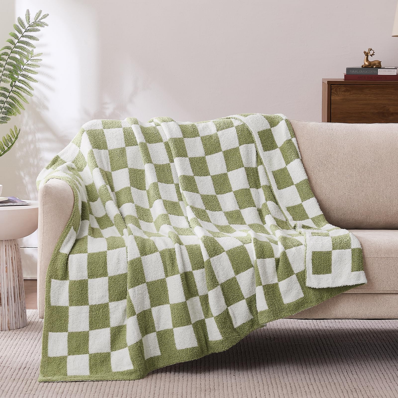Cozzenity checkered throw blanket in sage green full view showing soft plush finish and warm vibe