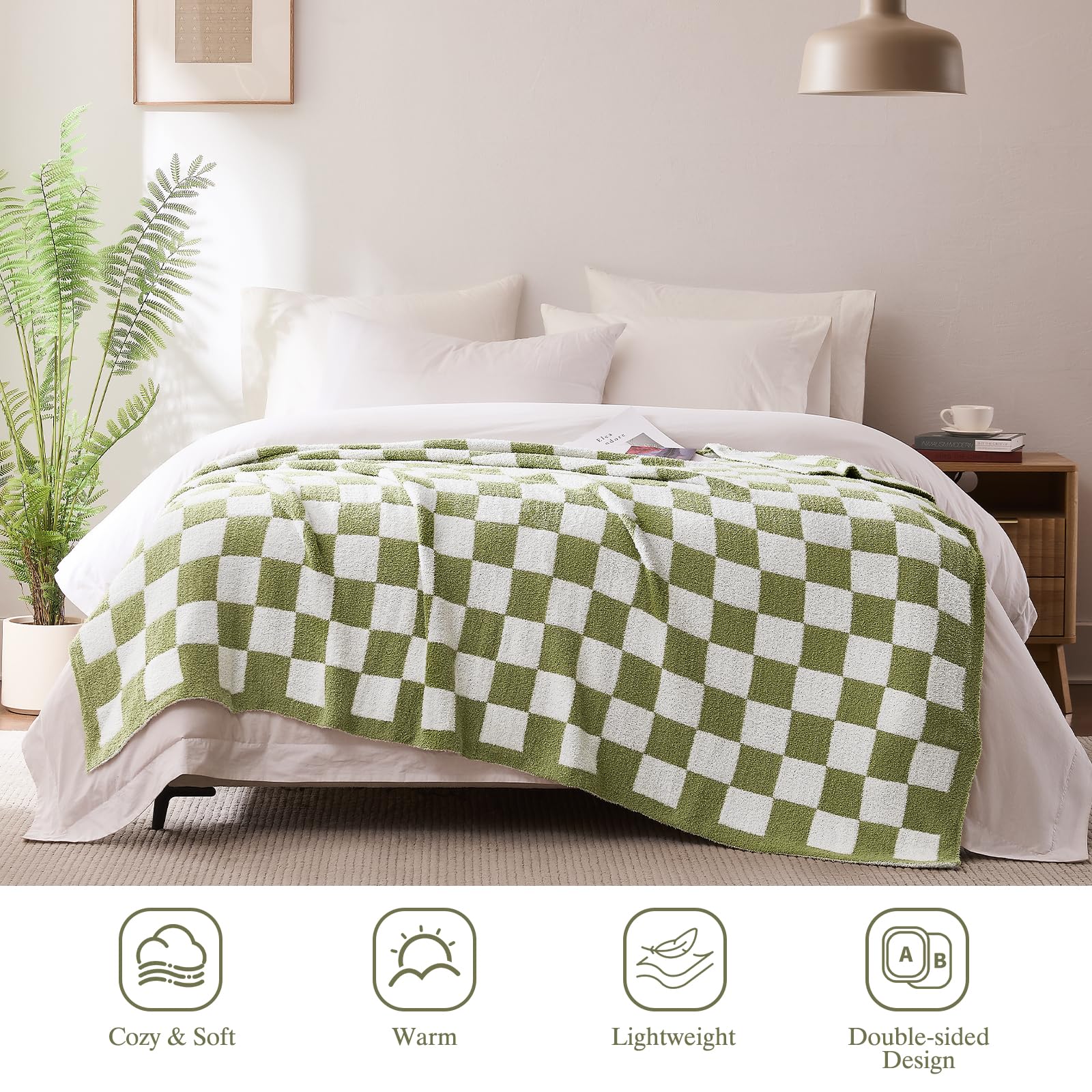 Cozzenity checkered throw blanket sage green draped over a sofa for lounge use