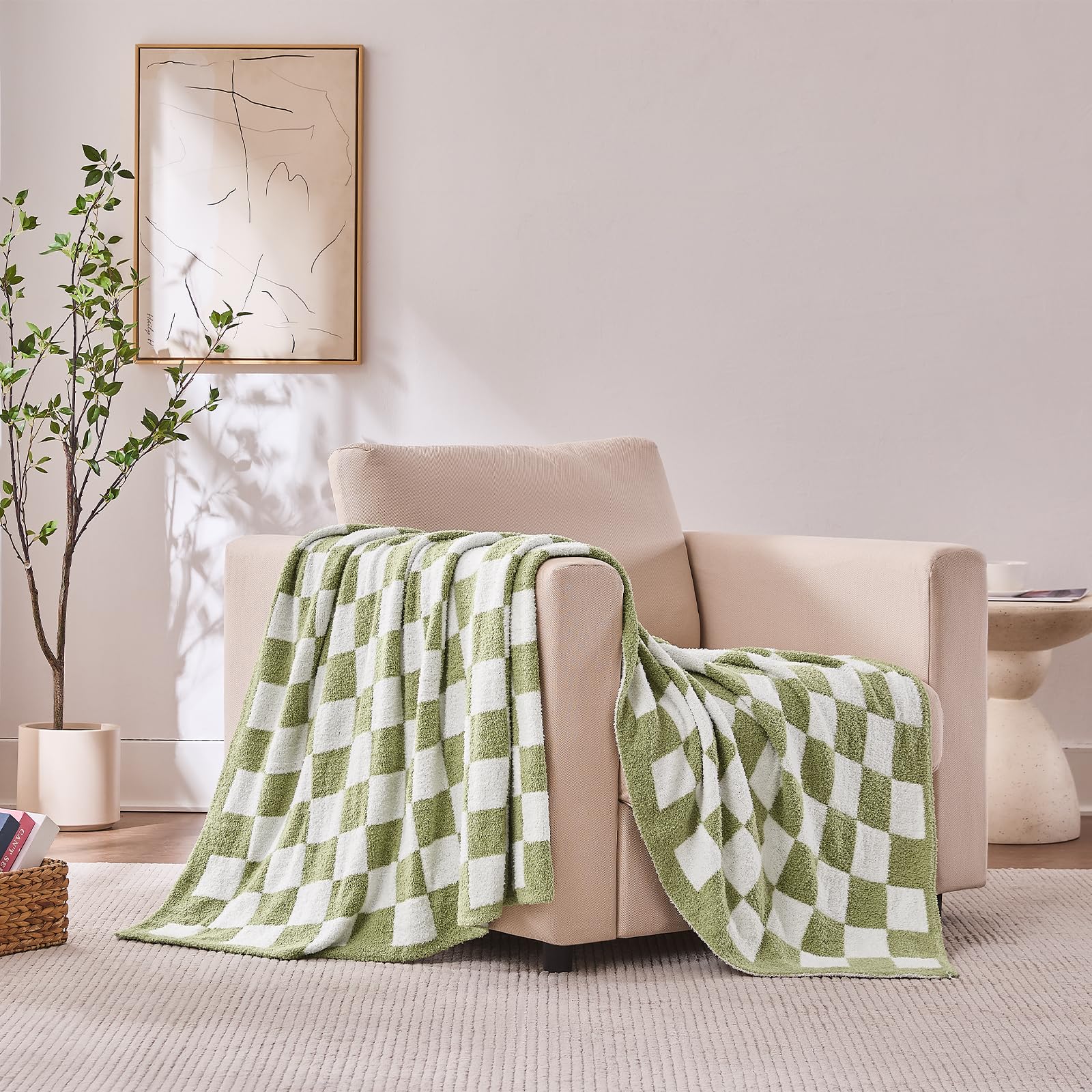Cozzenity checkered throw blanket sage green two-sided plush texture for coziness