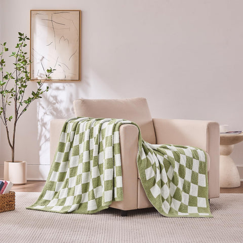 Cozzenity checkered throw blanket sage green two-sided plush texture for coziness