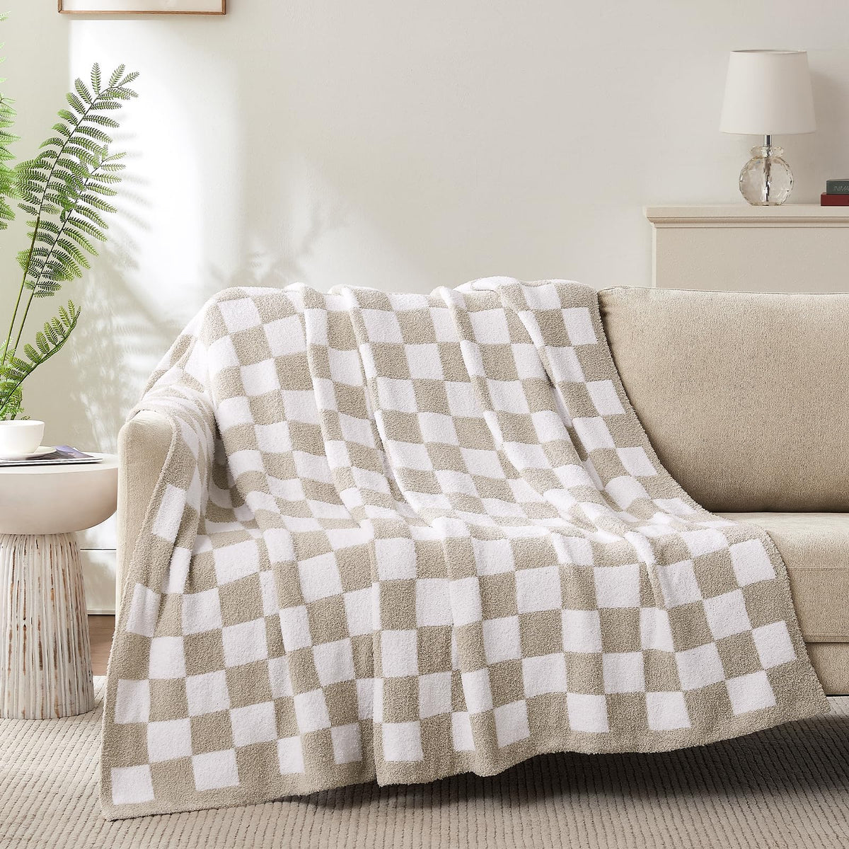 Cozzenity checkered throw blanket taupe adds cozy warmth.