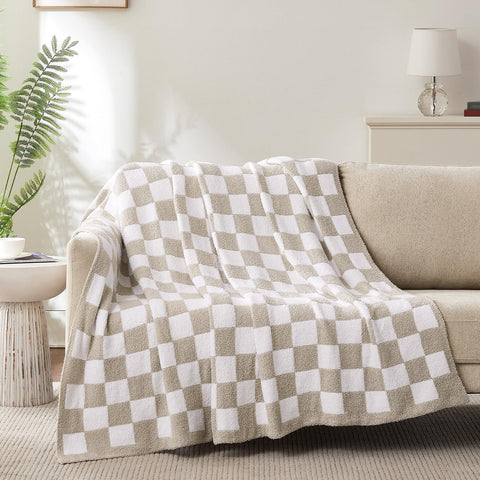 Cozzenity checkered throw blanket taupe adds cozy warmth.