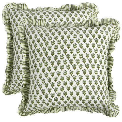 CPC Block Print Ruffle Throw Cover emerald green on sofa adds cozy texture