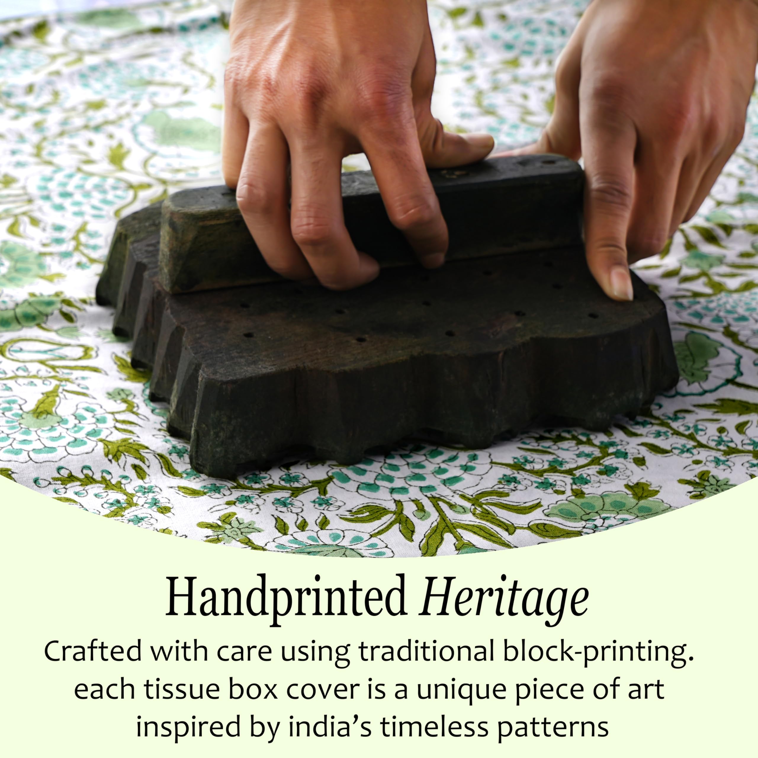 CPC Cotton Print Club Agate Green tissue box cover on bathroom counter offers durable decor.