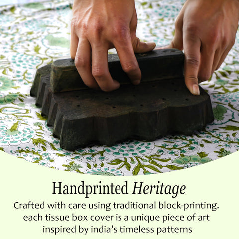 CPC Cotton Print Club Agate Green tissue box cover on bathroom counter offers durable decor.