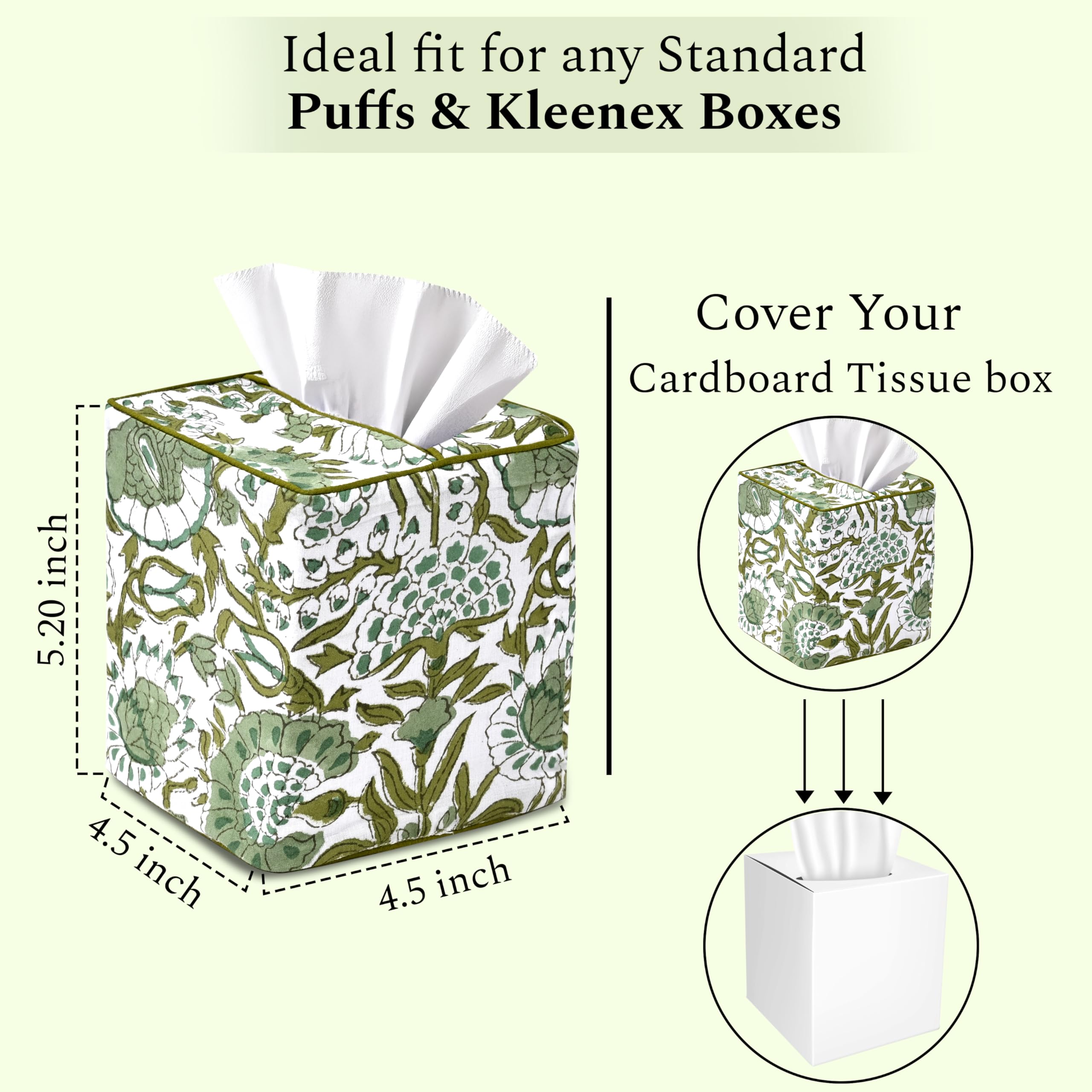 CPC Cotton Print Club Agate Green tissue box cover close-up shows natural cotton texture.