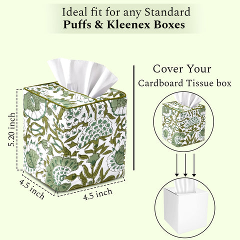 CPC Cotton Print Club Agate Green tissue box cover close-up shows natural cotton texture.