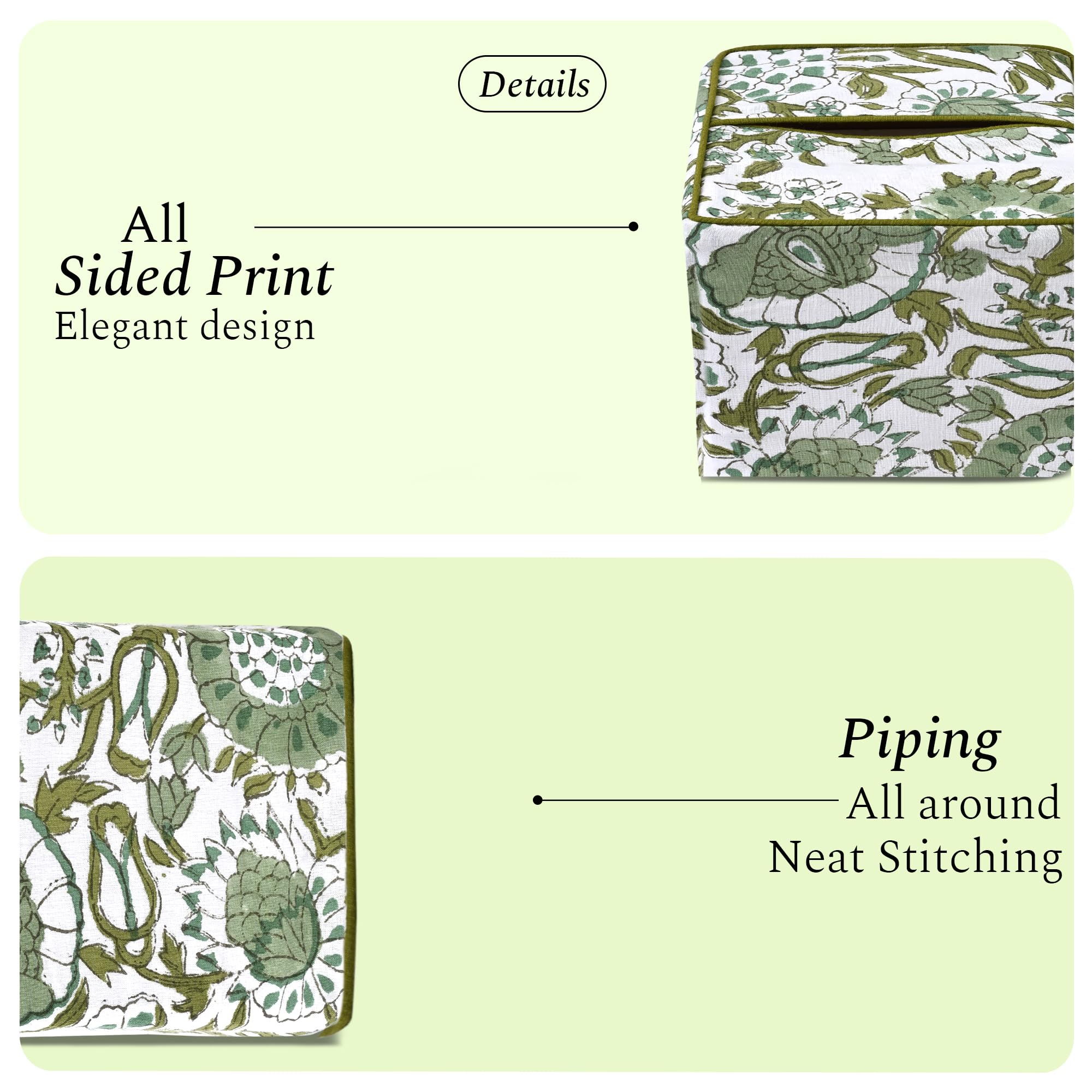 CPC Cotton Print Club Agate Green tissue box cover on dining table adds boho style.