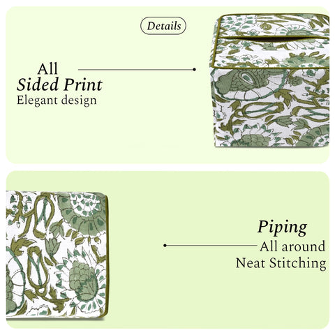 CPC Cotton Print Club Agate Green tissue box cover on dining table adds boho style.