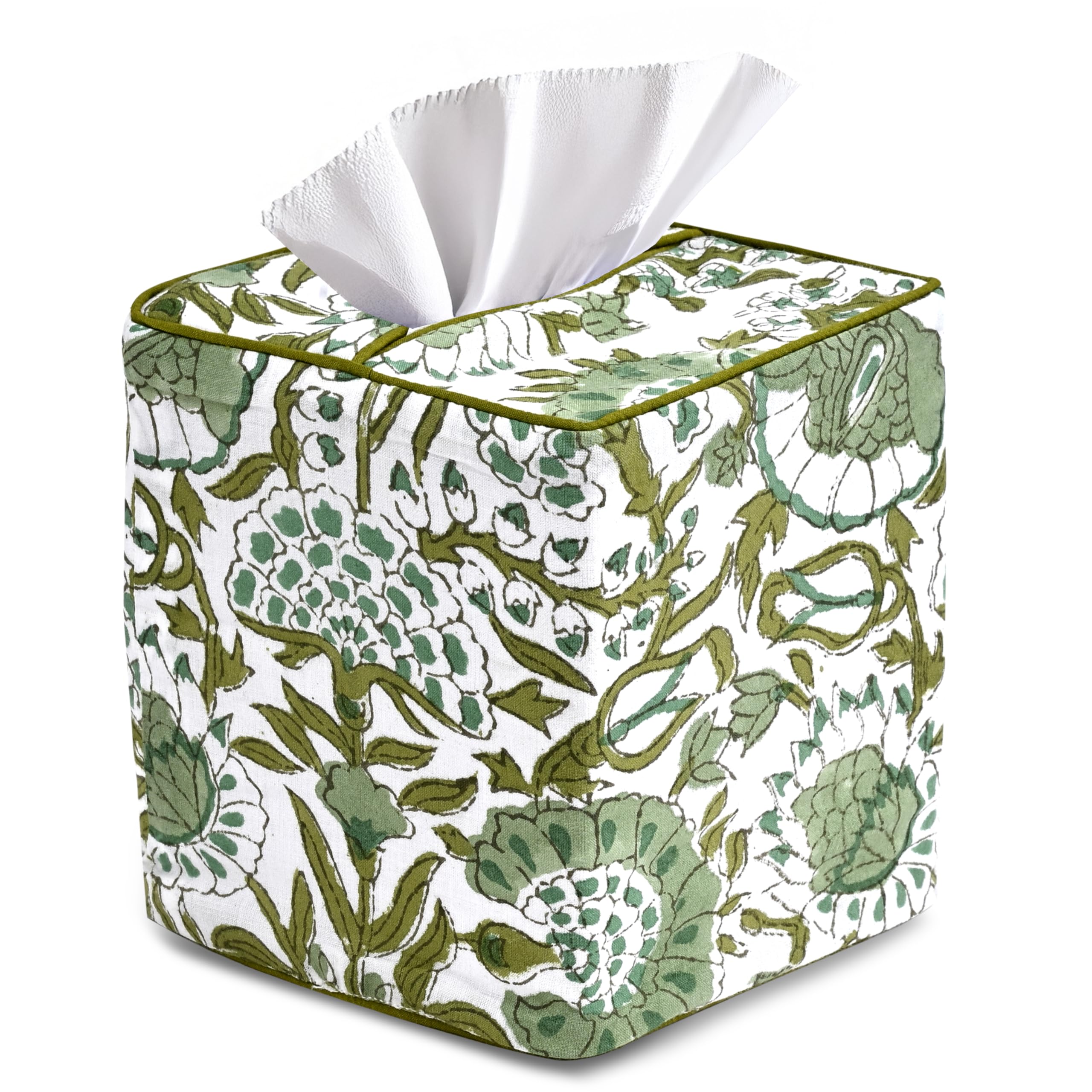 CPC Cotton Print Club Agate Green tissue box cover front view adds artisanal charm.