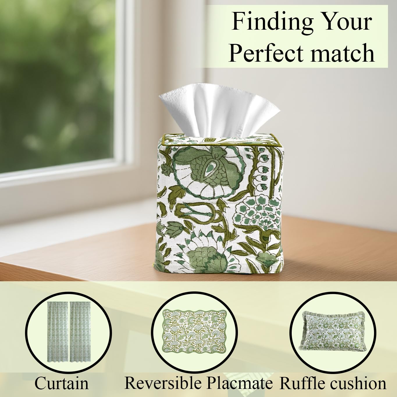 CPC Cotton Print Club Agate Green tissue box cover on kitchen shelf adds color and character.