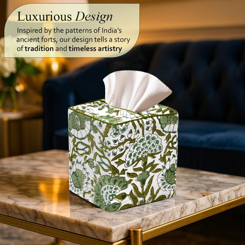 CPC Cotton Print Club Agate Green tissue box cover side view highlights hand block print detail.