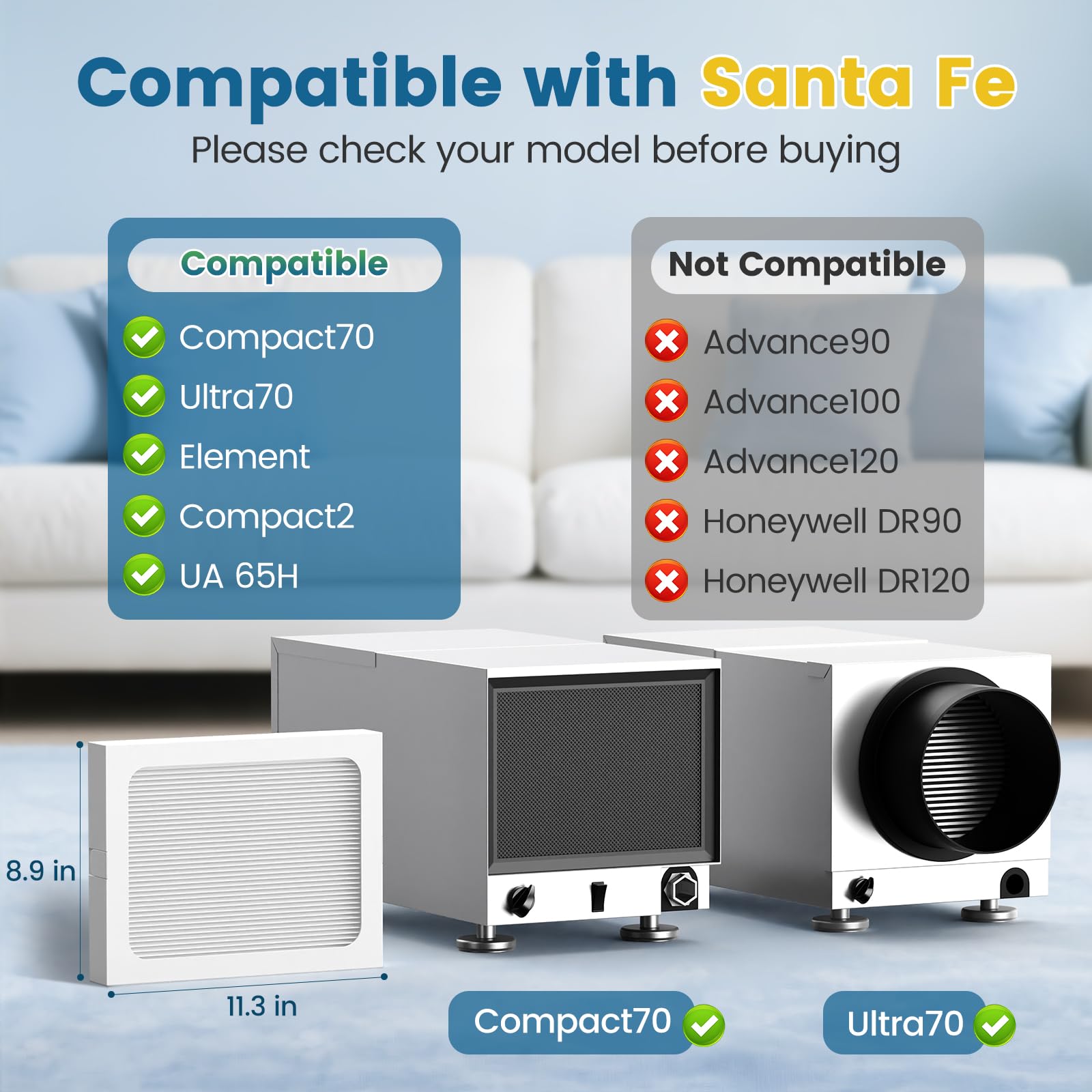 CPLIKE 9x11x1 MERV13 filter for Santa Fe Ultra70 reduces smoke and odors in living spaces