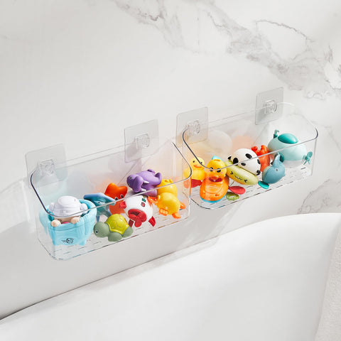 CQUNM clear bath toy organizer closeup shows transparent design for quick access