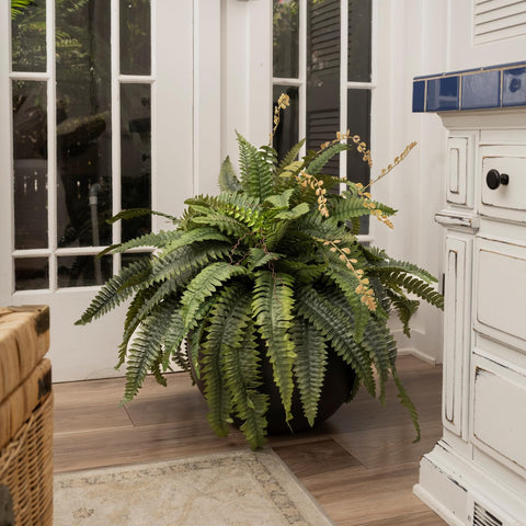 CQURE artificial Boston fern close-up showing textured leaves.