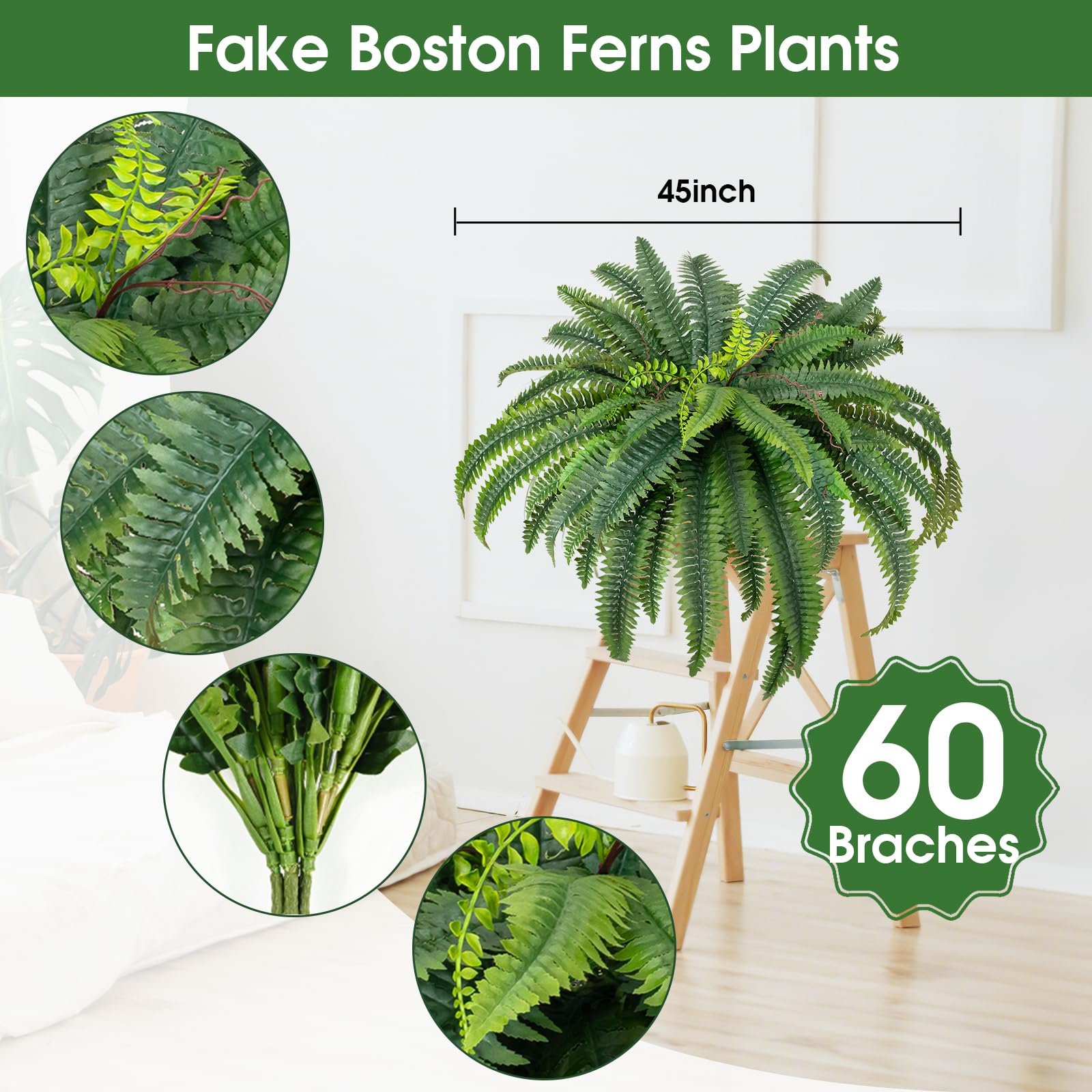 CQURE artificial Boston fern closeup: realistic texture and durable materials.