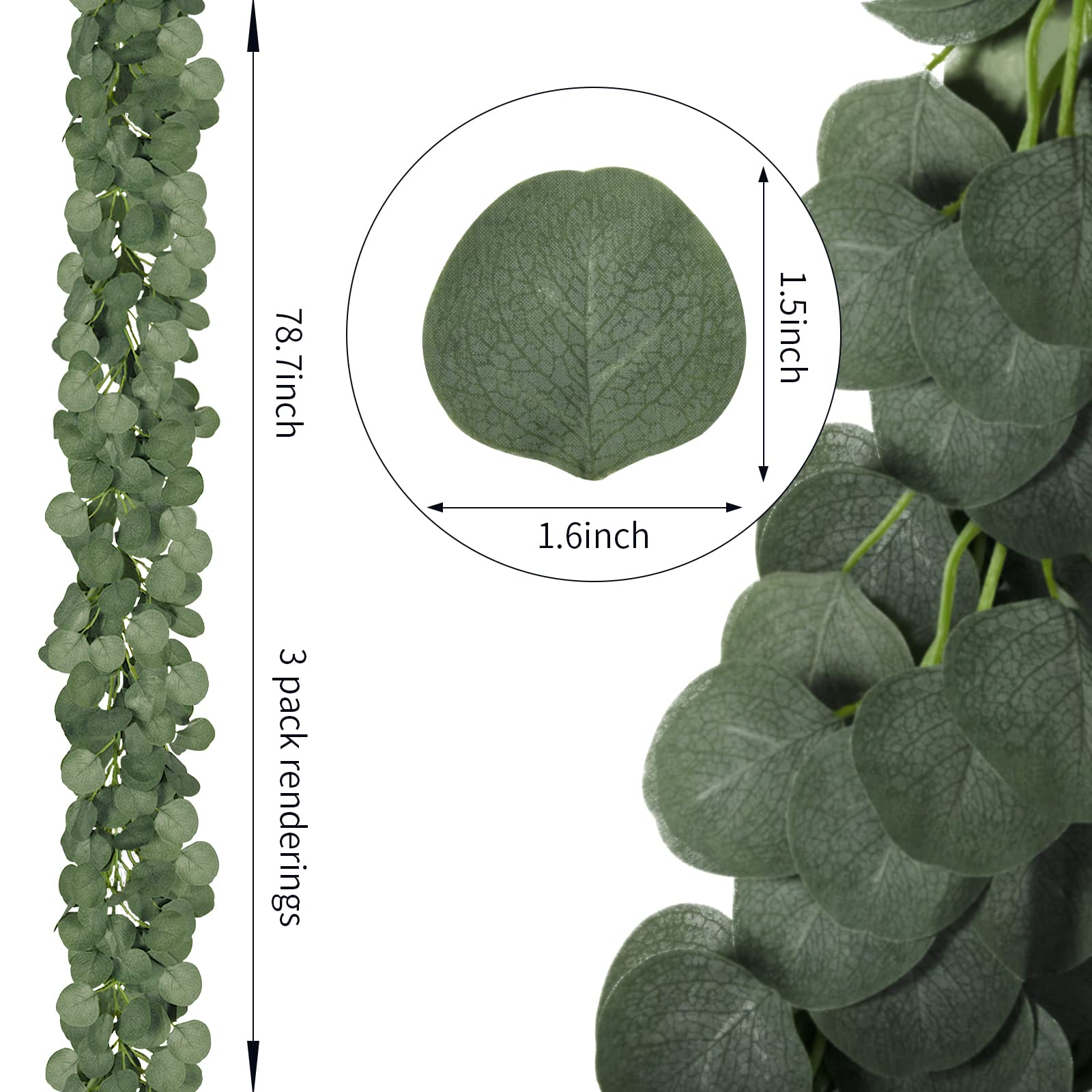 CQURE eucalyptus garland close-up leaves for realistic faux greenery.