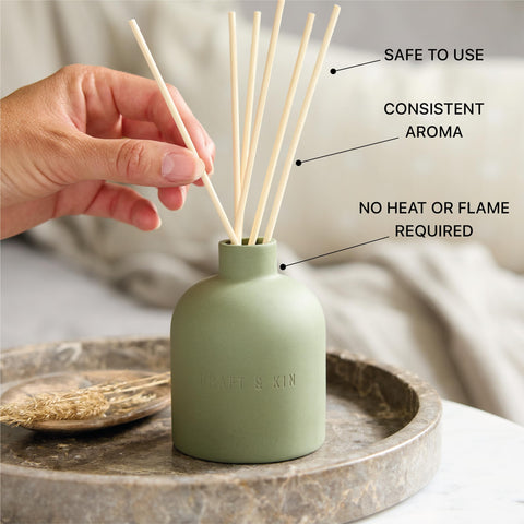 Craft & Kin bathroom diffuser setup adds fresh scent.