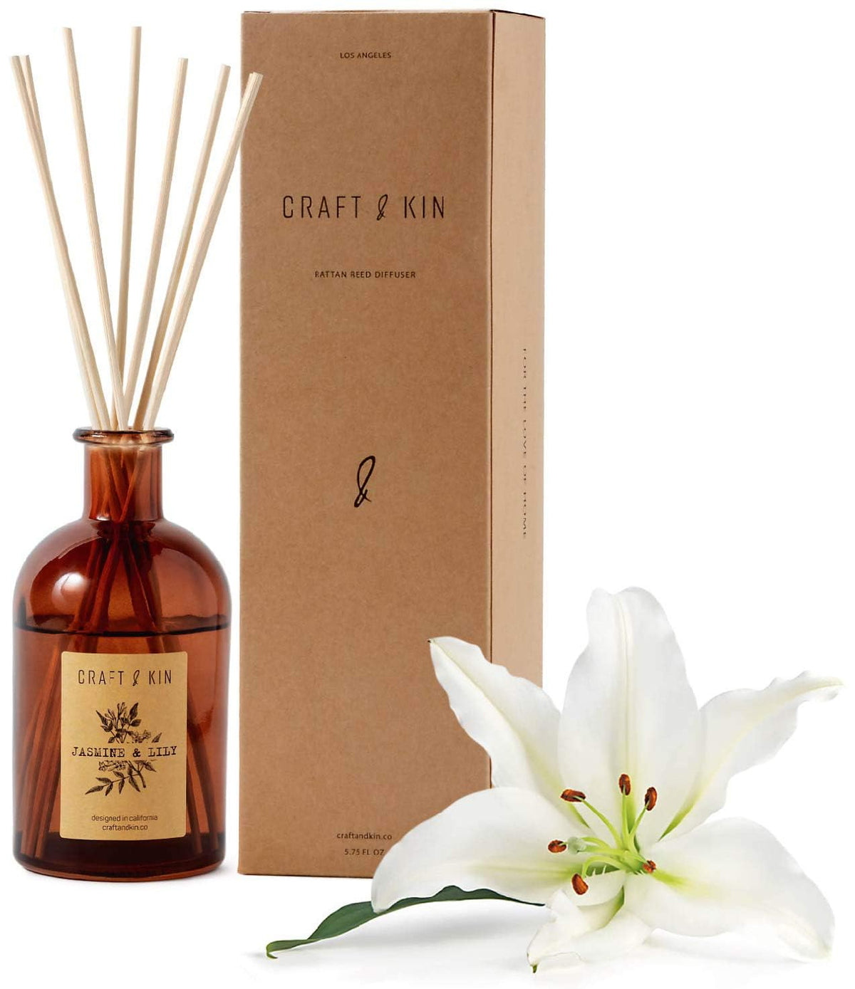Craft & Kin Lily & Jasmine diffuser in amber glass for a calming home aroma