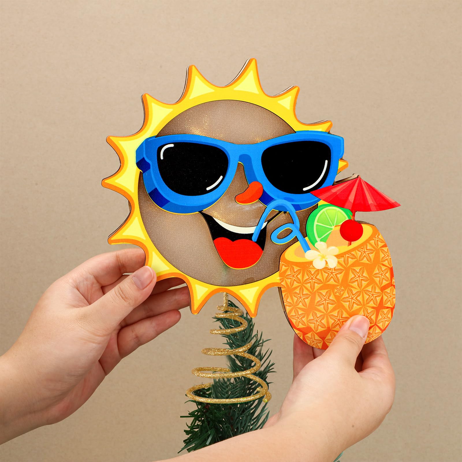 Craftsatin luau party decor tree topper creates tropical vibe.
