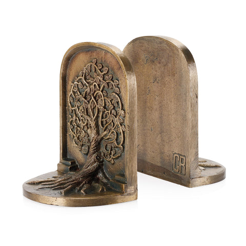 Craftsman Road Tree of Life bookends with antique brass finish on display