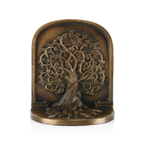 Tree of Life bookends from Craftsman Road sitting on a shelf