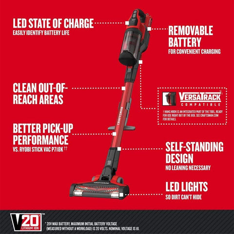 CRAFTSMAN V20 cordless stick vacuum kit battery removal demonstrates convenient charging flexibility for busy homes.