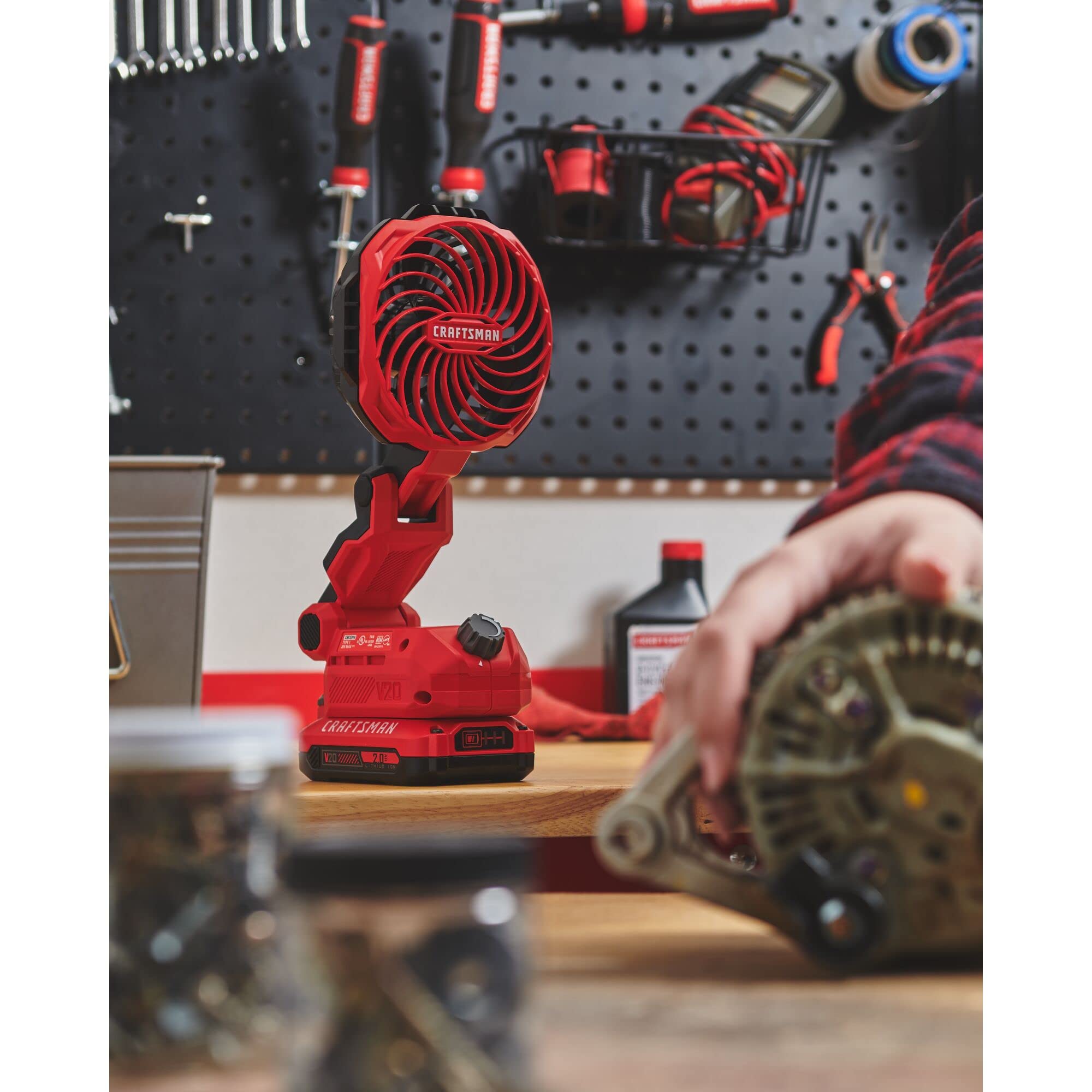 CRAFTSMAN V20 Personal Fan battery compartment close-up highlights bare tool compatibility