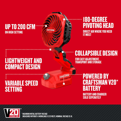 CRAFTSMAN V20 Personal Fan collapsed side view showing easy storage
