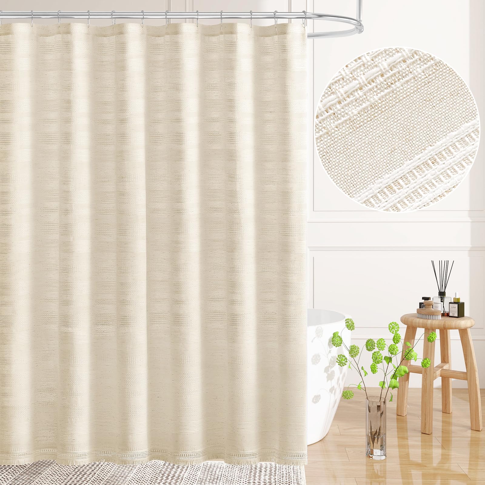 Craidlela beige-cream shade curtain complements rustic and modern baths