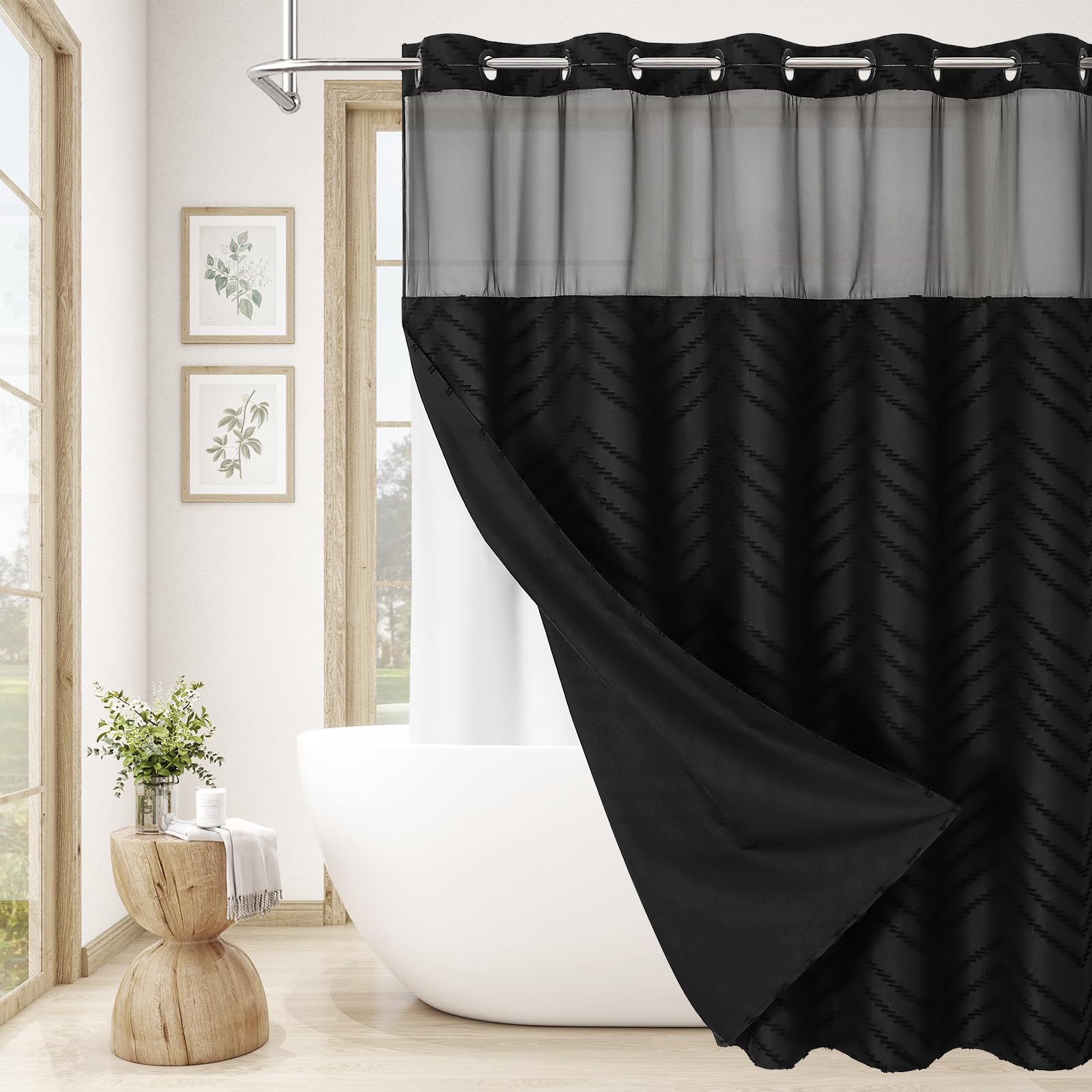 Craidlela no-hooks boho shower curtain setup showing ringless installation and chevron texture.
