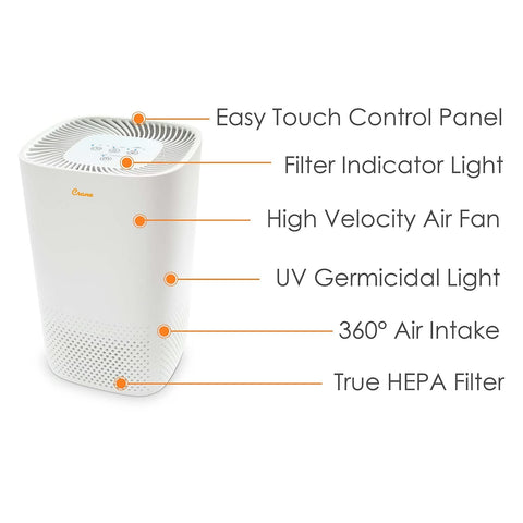Crane air purifier with True HEPA filter captures tiny particles for fresher air.