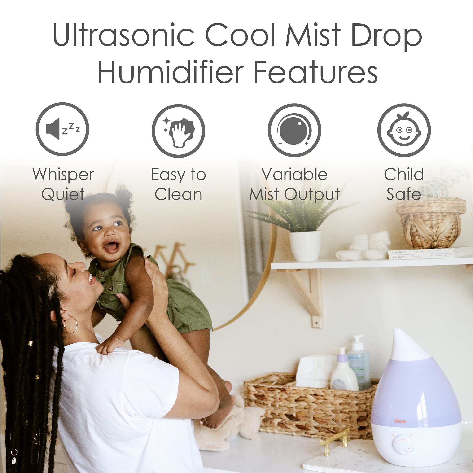 Crane Drop Shape humidifier with 360-degree nozzle for versatile mist direction.