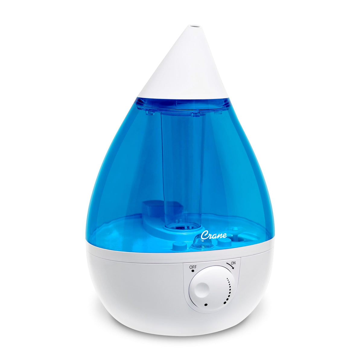 Crane Drop ultrasonic humidifier in blue and white, front view for bedroom humidity.